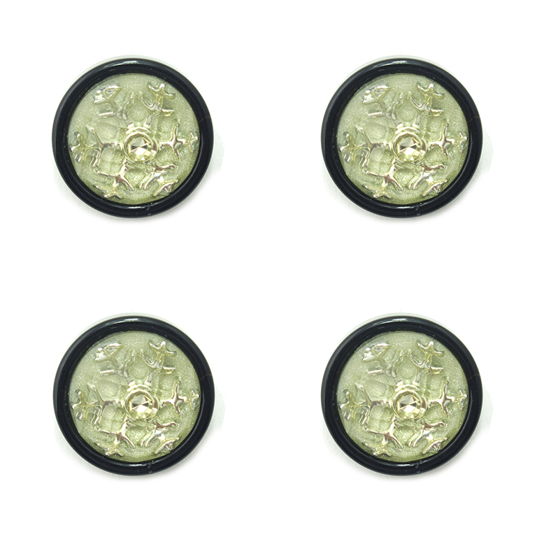 HAND® Set of 4 Snow Flake Buttons with Clear Crystal and Silver Tone Metal on Shimmery White in a Black Acrylic Setting - 20 mm HAND® Set of 4 Snow Flake Buttons with Clear Crystal and Silver Tone Metal on Shimmery White in a Black Acrylic Setting - 20 mm